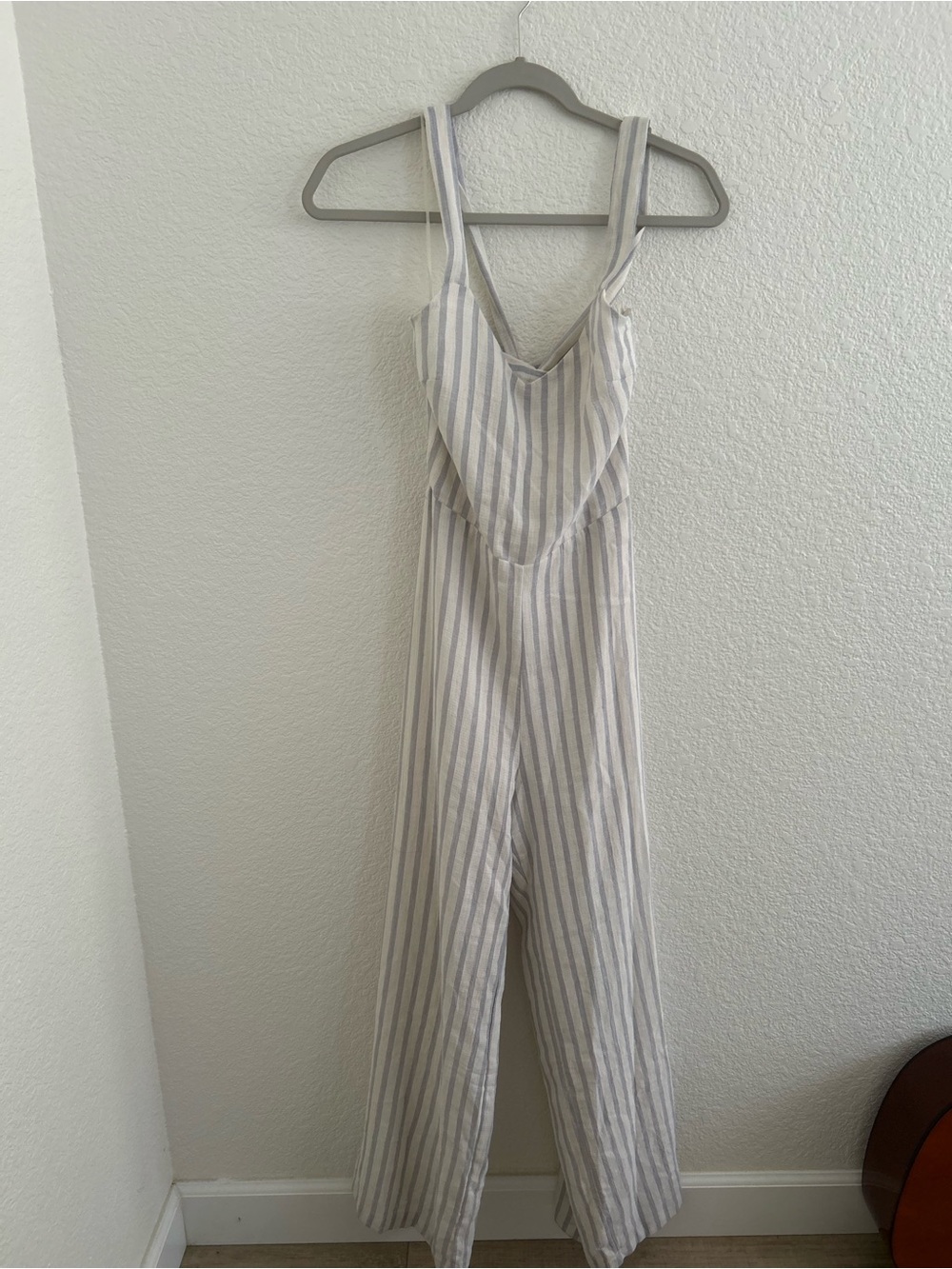 Sage The Label- Striped V-Neck Wide-Leg Jumpsuit in light blue and Cream